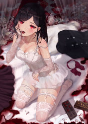Rule 34 | 1girl, absurdres, bare shoulders, black hair, blood, blood in mouth, blood on face, blush, breasts, bridal garter, bridal gauntlets, cleavage, collarbone, commentary request, dress, fangs, floral print, flower, from above, gloves, highres, long hair, medium breasts, mole, mole on breast, no shoes, off-shoulder dress, off shoulder, open mouth, original, parted bangs, print dress, print gloves, red eyes, revision, rose print, sitting, sleeveless, sleeveless dress, solo, strap slip, teeth, thighhighs, tongue, tooku0, upper teeth only, vampire, white dress, white thighhighs