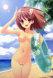 Rule 34 | 1girl, absurdres, armpits, beach, blush, breasts, brown eyes, brown hair, cleft of venus, cloud, flyable heart, hair ornament, hairpin, highres, inaba yui, innertube, ito noizi, looking at viewer, navel, nude, nude filter, ocean, pussy, sky, smile, solo, sun, swim ring, third-party edit, uncensored