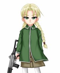 Rule 34 | 00s, 1girl, blonde hair, elsa de sica, green eyes, gun, gunslinger girl, simple background, solo, weapon