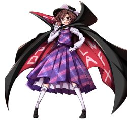Rule 34 | 1girl, absurdres, baba (baba seimaijo), brown eyes, brown hair, cape, clothes writing, dress, full body, glasses, gloves, hat, highres, long sleeves, matching hair/eyes, non-web source, purple dress, shirt, solo, touhou, transparent background, usami sumireko, white gloves