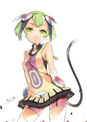 Rule 34 | 10s, 1girl, android, arms behind back, bare shoulders, bike shorts, black hair, blush, blvefo9, cable, cable tail, dimension w, dress, green eyes, green hair, headgear, highres, looking at viewer, matching hair/eyes, mechanical tail, multicolored hair, open mouth, short hair, solo, streaked hair, tail, thighhighs, two-tone hair, white thighhighs, yurizaki mira