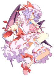 Rule 34 | 1girl, bat wings, bow, brooch, cup, demon wings, female focus, hat, highres, jewelry, kumio, looking at viewer, purple hair, red eyes, remilia scarlet, short hair, simple background, skirt, skirt set, smile, solo, teacup, touhou, white background, wings, wrist cuffs