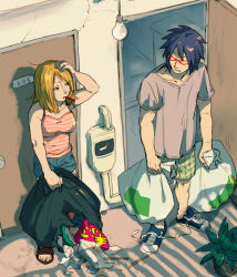 Rule 34 | 1boy, 1girl, against wall, bad id, bad pixiv id, bare shoulders, blonde hair, blue hair, blurry, camisole, character request, collarbone, copyright request, depth of field, door, dual wielding, from above, glasses, holding, light bulb, looking at another, mouth hold, open door, plant, potted plant, pout, red-framed eyewear, sandals, shirt, shoes, shorts, sleeveless, sleeveless shirt, standing, striped clothes, striped shirt, sunglasses, t k g, tank top, toothbrush in mouth, trash, trash bag, untied footwear