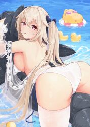 Rule 34 | 1girl, anchorage (azur lane), anchorage (dolphins and swim lessons) (azur lane), ass, azur lane, bare back, bare shoulders, bikini, bird, breasts, brown hair, chick, from behind, hair between eyes, hair ornament, heart, heart-shaped eyewear, highres, inflatable orca, inflatable toy, innertube, large breasts, light blush, light brown hair, long hair, looking at viewer, looking back, lying, manjuu (azur lane), on stomach, open mouth, pink eyes, rubber duck, side-tie bikini bottom, sideboob, swim ring, swimsuit, thighhighs, topless, twintails, umiya mizuki, water, white bikini, white thighhighs