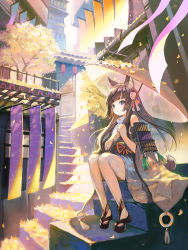 Rule 34 | 1girl, animal ears, armor, banner, blue eyes, blunt bangs, brown hair, closed mouth, commentary request, day, fox ears, fox tail, grey kimono, highres, holding, holding umbrella, japanese armor, japanese clothes, kimono, kusazuri, lantern, long hair, looking at viewer, no socks, obi, original, outdoors, paper lantern, petals, platform footwear, railing, sandals, sash, short eyebrows, sibyl, sitting, smile, solo, stairs, tail, tassel, thick eyebrows, tree, umbrella