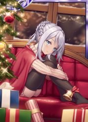 Rule 34 | 1girl, akkijin, ass, bell, blue eyes, box, braid, cape, christmas, christmas tree, couch, gift, gift box, grey hair, indoors, lonely, looking at viewer, no shoes, official art, red cape, sad, shinkai no valkyrie, sitting, snowing, sweater, thighhighs, window