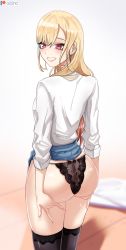 Rule 34 | 1girl, ass, ass grab, ass support, blonde hair, blush, breasts, clenched teeth, clothes lift, embarrassed, from behind, highres, huge ass, kitagawa marin, long hair, o22no, panties, red eyes, school uniform, shiny clothes, shiny skin, sideboob, skirt, skirt lift, solo, sono bisque doll wa koi wo suru, teeth, thighhighs, thighs, underwear