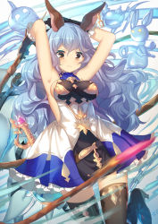 Rule 34 | 1girl, animal ears, armpits, arms up, bare shoulders, blue hair, blush, breasts, brown eyes, chain, craytm, erune, ferry (granblue fantasy), granblue fantasy, highres, long hair, looking at viewer, medium breasts, sideboob, solo, thighhighs, weapon