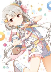 Rule 34 | 1girl, ankle boots, belt, blue shirt, blush, bodysuit, boots, braid, braided bangs, brown eyes, camera, finger frame, green ribbon, grey hair, hair ornament, hair ribbon, hairclip, hat, highres, hisakawa nagi, idolmaster, idolmaster cinderella girls, idolmaster cinderella girls starlight stage, jacket, long hair, looking at viewer, low twintails, mini hat, multicolored background, multicolored clothes, open mouth, partially unbuttoned, red ribbon, ribbon, scrunchie, shirt, short sleeves, solo, standing, standing on one leg, star (symbol), starry background, stuffed animal, stuffed rabbit, stuffed toy, teddy bear, twintails, very long hair, yellow belt, yume no owari