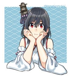 Rule 34 | 1girl, black hair, detached sleeves, hair ornament, hands on own face, japanese clothes, kantai collection, looking at viewer, red eyes, ribbon-trimmed sleeves, ribbon trim, sagamiso, short hair, smile, solo, two-tone background, upper body, wide sleeves, yamashiro (kancolle)