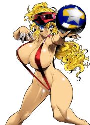 Rule 34 | 1girl, ball, baseball cap, baseball helmet, bikini, blush, breasts, colorized, covered erect nipples, curly hair, curvy, groin, hat, helmet, highres, holding, holding ball, image sample, large breasts, long hair, looking at viewer, looking away, monochrome, nipples, partially visible vulva, playing sports, ponytail, rakko (r2), revealing clothes, sandy bash, shiny skin, slingshot swimsuit, solo, star (symbol), suketto sanjou!, sweat, swimsuit, tattoo, thick thighs, thighhighs, thighs, thong, volleyball, volleyball (object)