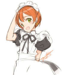 Rule 34 | 10s, 1girl, arm behind back, ascii media works, brown hair, earrings, green eyes, headdress, hoshizora rin, jewelry, looking at viewer, love live!, love live! school idol project, maid, maid headdress, ooyari ashito, short hair, simple background, sketch, smile, solo, unfinished, white background