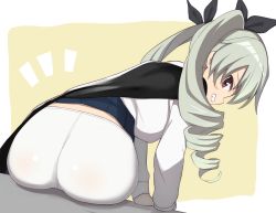 Rule 34 | 10s, 1girl, anchovy (girls und panzer), ass, blush, brown eyes, clothes lift, crotch seam, drill hair, from behind, girls und panzer, glastonbury1966, green hair, hair ribbon, highres, long hair, long sleeves, looking at viewer, looking back, pantyhose, ribbon, shirt, sitting, skirt, skirt lift, smile, solo, twin drills, twintails, white pantyhose