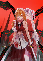 Rule 34 | 2girls, absurdres, angry, apron, black neckwear, blonde hair, blood, blood on face, breasts, capelet, covering another&#039;s eye, cowboy shot, cuts, dress, dual wielding, hair between eyes, hair bobbles, hair ornament, highres, holding, holding sword, holding weapon, injury, long hair, looking at another, looking at viewer, maid, maid apron, maid headdress, multiple girls, naufaldreamer, one side up, parted lips, red background, red capelet, red dress, red eyes, shinki (touhou), silver hair, simple background, small breasts, spire, standing, sword, torn clothes, touhou, touhou (pc-98), v-shaped eyebrows, weapon, white apron, white headwear, wide sleeves, wings, yumeko (touhou)