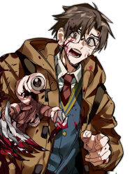 Rule 34 | 1boy, absurdres, blood, blood on clothes, blood on face, blood on hands, brown eyes, brown hair, brown jacket, claws, collared shirt, creature, extra eyes, extra mouth, glasses, highres, izumi shin&#039;ichi, jacket, kiseijuu, looking at viewer, male focus, migi, necktie, open mouth, parasite, red necktie, school uniform, shirt, sweat, upper body, white background, white shirt, xi luo an ya