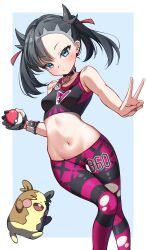 Rule 34 | 1girl, absurdres, aqua eyes, asymmetrical bangs, asymmetrical hair, black choker, black hair, blush, border, breasts, chinese commentary, choker, closed mouth, commentary request, creatures (company), crop top, dynamax band, eyelashes, fshtri, game freak, gen 8 pokemon, gloves, green eyes, hair ribbon, highres, holding, holding poke ball, leggings, looking at viewer, marnie (pokemon), midriff, morpeko, morpeko (full), navel, nintendo, pants, partially fingerless gloves, poke ball, poke ball (basic), pokemon, pokemon (creature), pokemon swsh, red ribbon, ribbon, single glove, small breasts, sports bra, stomach, torn clothes, torn leggings, torn pants, twintails, v, white border