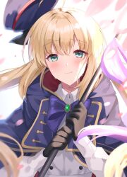 Rule 34 | 1girl, ahoge, artoria caster (fate), artoria caster (second ascension) (fate), artoria pendragon (fate), black gloves, blonde hair, blue bow, blue bowtie, blue capelet, blue hat, blush, bow, bowtie, brooch, buttons, capelet, closed mouth, collared dress, commentary request, crying, crying with eyes open, dress, fate/grand order, fate (series), floating, gloves, gold trim, green eyes, hat, holding, holding staff, holding weapon, jewelry, long hair, long sleeves, looking at viewer, no headwear, petals, sakura (tariliko), smile, solo, staff, tears, twintails, unworn headwear, weapon, white background, white dress