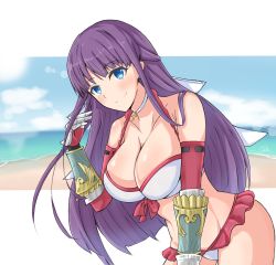 Rule 34 | 1girl, absurdres, artist request, bare shoulders, beach, bikini, blue eyes, blue sky, blush, breasts, choker, cleavage, closed mouth, collarbone, cross, cross choker, day, earrings, elbow gloves, fate/grand order, fate (series), frilled bikini, frills, gauntlets, gloves, highres, jewelry, large breasts, leaning forward, long hair, looking at viewer, martha (fate), martha (swimsuit ruler) (fate), martha (swimsuit ruler) (third ascension) (fate), maru hien, ocean, purple hair, red gloves, sky, smile, swimsuit, white bikini