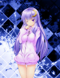 Rule 34 | 1girl, alternate costume, argyle, argyle background, argyle clothes, bad id, bad pixiv id, bottomless, breasts, crescent, crescent hair ornament, female focus, hair ornament, hand on own chin, large breasts, long hair, long sleeves, naked sweater, no pants, one eye closed, patchouli knowledge, purple eyes, purple hair, salmon (saaamon), solo, sweater, temperature, grid background, touhou, very long hair, wink