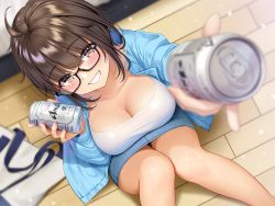 Rule 34 | 1girl, ahoge, alcohol, bag, beer, beer can, blue jacket, blurry, blush, breasts, brown eyes, brown hair, can, cleavage, commentary request, depth of field, drink can, foreshortening, from above, glasses, grin, hair between eyes, handbag, indoors, jacket, knees together feet apart, large breasts, miniskirt, open clothes, open jacket, original, re:shimashima, reaching, reaching towards viewer, semi-rimless eyewear, shirt, sitting, skirt, smile, solo, thighs, white shirt, wooden floor