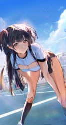 Rule 34 | 1girl, absurdres, black hair, black socks, blue sky, blush, breasts, brown eyes, cleavage, closed mouth, clothing cutout, cloud, day, dolphin shorts, dutch angle, feet out of frame, fence, gym uniform, hair ornament, hair scrunchie, hands on own knees, highres, idolmaster, idolmaster shiny colors, kneehighs, leaning forward, long hair, looking at viewer, mayuzumi fuyuko, medium breasts, milin (orange maru), outdoors, red shorts, scrunchie, shirt, short shorts, short sleeves, shorts, sky, smile, socks, solo, standing, sweat, t-shirt, thighs, two side up, white shirt