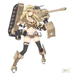 Rule 34 | 1girl, absurdres, aviator sunglasses, belt, bikini, blonde hair, blue eyes, boots, breasts, caterpillar tracks, choker, compass, eyewear on head, fingerless gloves, front-tie top, gloves, highres, jewelry, knee boots, kyouki no kimi, long hair, m103a1 (panzer waltz), medium breasts, military, military vehicle, motor vehicle, navel, necklace, official art, one eye closed, panzer waltz, parted lips, personification, pouch, shirt, short shorts, shorts, simple background, smile, solo, sunglasses, swimsuit, tank, thigh strap, thighhighs, tied shirt, turret, united states, world war ii, wrist cuffs, zettai ryouiki