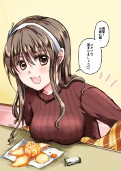 Rule 34 | 1girl, alternate costume, ashigara (kancolle), breast rest, breasts, breasts on table, brown eyes, brown hair, brown sweater, commentary request, fake horns, food, fruit, hairband, highres, horned headwear, horns, kantai collection, long hair, mandarin orange, medium breasts, open mouth, ribbed sweater, smile, solo, sweater, table, translation request, turtleneck, upper body, wakakohime moe, wavy hair