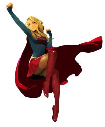 Rule 34 | 1girl, absurdres, arm up, blonde hair, blue eyes, boots, breasts, cape, dc comics, enami katsumi, floating, full body, highres, knee boots, kryptonian, long hair, long sleeves, miniskirt, plantar flexion, pleated skirt, red footwear, simple background, skirt, solo, supergirl, superhero costume, superman (series), swept bangs, thigh boots, thighhighs, white background