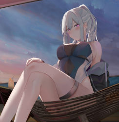 Rule 34 | 1girl, ak-12 (girls&#039; frontline), bare shoulders, blush, breasts, choker, commentary request, drink, earrings, frown, girls&#039; frontline, hand on own knee, highres, jewelry, large breasts, crossed legs, off shoulder, one-piece swimsuit, ponytail, purple eyes, ru zhai, silver hair, sitting, solo, sunset, swimsuit, thigh strap, underboob, wicker furniture