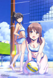 Rule 34 | 10s, 2girls, absurdres, adjusting clothes, adjusting swimsuit, ass, ball, beach, beach volleyball, bead bracelet, beads, bikini, bracelet, breasts, brown eyes, brown hair, butt crack, cleavage, cloud, cousins, day, harukana receive, higa kanata, highres, holding, holding ball, jewelry, kneeling, lens flare, medium breasts, mikasa sports, multiple girls, navel, ocean, oda takeshi, official art, oozora haruka (harukana receive), open mouth, playing sports, ponytail, sand, sky, small breasts, smile, swimsuit, volleyball, volleyball (object), volleyball net