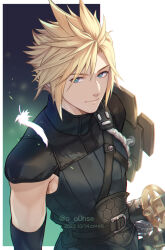 Rule 34 | 1boy, armor, belt, belt buckle, black gloves, black shirt, blonde hair, blue eyes, buckle, closed mouth, cloud strife, cloud strife (murasame), commentary request, dated, elbow gloves, falling feathers, feathers, final fantasy, final fantasy vii, final fantasy vii ever crisis, gloves, hair between eyes, highres, japanese clothes, katana, male focus, official alternate costume, ohse, samurai, sheath, sheathed, shirt, short hair, shoulder armor, sleeveless, sleeveless shirt, solo, spiked hair, sword, turtleneck, twitter username, upper body, weapon, white feathers