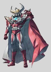 Rule 34 | 1boy, abs, alien, belt, belt buckle, buckle, cape, clenched hand, clenched hands, fighting stance, giant, gloves, highres, horns, long horns, male focus, manly, mature male, muscular, muscular male, open hand, paintedmike, red cape, red gloves, solo, tokusatsu, ultra father, ultra series, ultraman ace (series)
