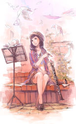 Rule 34 | 1girl, bad id, bad pixiv id, bird, black eyes, black hair, clarinet, feathers, flute, highres, holding, instrument, lamppost, lipstick, long hair, makeup, original, pomodorosa, sheet music, sitting, sketch, sleeves rolled up, smile, solo