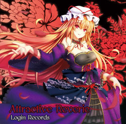 Rule 34 | 1girl, adapted costume, album cover, bare shoulders, blonde hair, bow, breasts, cleavage, collarbone, commentary request, cover, dress, female focus, floral background, frilled dress, frills, fukunaga kazuhiro, hat, hat bow, hat ribbon, highres, large breasts, long hair, looking at viewer, mob cap, outstretched arm, outstretched hand, petals, purple dress, red eyes, ribbon, skirt hold, solo, strapless, strapless dress, touhou, upper body, very long hair, yakumo yukari