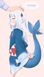 Rule 34 | 1girl, :3, afterimage, arms behind back, blue eyes, blue hair, blue hoodie, blue nails, blush, brown background, closed mouth, commentary request, drawstring, english text, eurasia (wtp09ptw14), fingernails, fins, fish tail, from side, gawr gura, gawr gura (1st costume), hair ornament, headpat, highres, hololive, hololive english, hood, hoodie, long fingernails, long hair, long sleeves, multicolored hair, nail polish, no pants, profile, shark girl, shark hair ornament, shark print, shark tail, sideways mouth, simple background, smile, solo focus, speech bubble, standing, streaked hair, tail, tail raised, tail wagging, virtual youtuber, white hair, white hood, wide sleeves