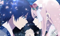 Rule 34 | 10s, 1boy, 1girl, blue eyes, blue hair, closed mouth, commentary request, couple, darling in the franxx, eyeshadow, fingernails, flower, from side, hair flower, hair ornament, hand grab, hand up, hiro (darling in the franxx), holding hands, horns, interlocked fingers, jacket, long hair, maiko (mimi), makeup, parted lips, petals, pink hair, profile, smile, uniform, zero two (darling in the franxx)