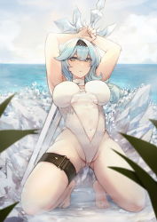 Rule 34 | 1girl, absurdres, arms up, beach, bikini, blue hair, breasts, center opening, eula (genshin impact), full body, genshin impact, gluteal fold, hairband, highres, holding, holding sword, holding weapon, ice, kneeling, large breasts, ocean, parted lips, sky, swimsuit, sword, thigh strap, weapon, yellow eyes, yukineko
