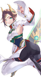 Rule 34 | 1girl, absurdres, alexandria (xenoblade), ass, braid, breasts, brown hair, circlet, duplicate, eyeliner, forehead protector, french braid, green eyes, headpiece, highres, large breasts, looking at viewer, makeup, nail polish, ornament, pixel-perfect duplicate, risumi (taka-fallcherryblossom), sideboob, simple background, smile, solo, twisted torso, white background, xenoblade chronicles (series), xenoblade chronicles 3