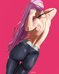 Rule 34 | 1girl, ass, back, backboob, breasts, facing away, from behind, highres, hololive, hololive english, jewelry, kikino, long hair, mori calliope, necklace, pants, pink background, pink hair, simple background, solo, standing, topless, virtual youtuber