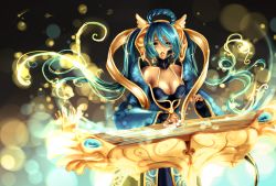 Rule 34 | 1girl, alternate costume, blue eyes, blue hair, breasts, chinese clothes, cleavage, detached collar, hagoromo, hair between eyes, hair rings, hannah santos, highres, instrument, league of legends, lips, long hair, matching hair/eyes, nail polish, shawl, solo, sona (league of legends), twintails, very long hair, wide sleeves