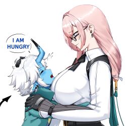 2girls belt black_gloves blue_skin breasts closed_eyes colored_skin earrings glasses gloves green_jacket hair_between_eyes highres horns jacket jewelry large_breasts lion_space long_hair multiple_girls open_mouth pink_eyes pink_hair pointy_ears short_hair sidelocks simple_background smile soukaku_(zenless_zone_zero) tsukishiro_yanagi upper_body white_background white_hair zenless_zone_zero