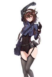 Rule 34 | 1girl, android, bag, blush, brown hair, duffel bag, garter straps, girls&#039; frontline, gloves, hairband, highres, looking at viewer, mechanical arms, orange eyes, parted lips, pouch, single mechanical arm, thighhighs, type 79 (girls&#039; frontline), yeklsa