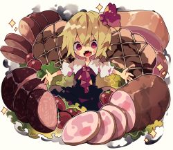 Rule 34 | 1girl, black dress, blonde hair, blush stickers, commentary, dress, food, hair ribbon, ham, highres, in food, looking at viewer, nikorashi-ka, open mouth, outstretched arms, oversized food, oversized object, red eyes, red neckwear, red ribbon, ribbon, rumia, sharp teeth, shirt, short hair, short sleeves, simple background, solo, sparkle, teeth, tomato, touhou, white background, white shirt