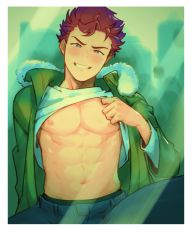 Rule 34 | 1boy, abs, blue eyes, blush, border, brown hair, cardfight!! vanguard, cardfight!! vanguard: overdress, green jacket, heart, heart-shaped pupils, highres, jacket, lifted by self, looking at viewer, male focus, momoyama danji, navel, nipples, open clothes, open jacket, pectorals, photo (object), simple background, slothfulonie, smile, symbol-shaped pupils