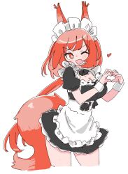 Rule 34 | 1girl, alternate costume, animal ears, apron, arknights, black dress, blush, breasts, cleavage, commentary, cropped legs, dress, enmaided, flametail (arknights), heart, heart hands, long hair, looking at viewer, maid, maid headdress, medium breasts, nikukabe, one eye closed, open mouth, ponytail, red eyes, red hair, simple background, sketch, solo, squirrel ears, squirrel girl, squirrel tail, tail, waist apron, white apron, white background, white wrist cuffs, wrist cuffs