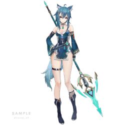 Rule 34 | 1girl, :|, ahoge, animal ear fluff, animal ears, bare shoulders, black footwear, blue dress, blue hair, blue sleeves, boots, breasts, cleavage, closed mouth, collarbone, detached sleeves, dress, expressionless, fox ears, fox girl, fox tail, full body, grey choker, hair between eyes, hair ornament, hairclip, hand on own hip, hinata (hinata-ur), holding, holding behind back, holding polearm, holding weapon, long sleeves, looking at viewer, original, pelvic curtain, pendant choker, polearm, purple eyes, short dress, side slit, sidelocks, simple background, skindentation, small breasts, solo, spear, strapless, strapless dress, tail, thigh strap, watermark, weapon, white background