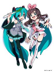 Rule 34 | 2girls, aqua eyes, aqua hair, aqua necktie, bad id, bad twitter id, black legwear, blue eyes, boots, breasts, brown eyes, commentary request, crossover, detached sleeves, full body, hairband, hatsune miku, headphones, headset, heart, kizuna ai, kizuna ai inc., lace-trimmed sleeves, lace trim, long hair, looking at viewer, medium breasts, multicolored hair, multiple girls, necktie, pink hair, pink hairband, sailor collar, satou asuka, shorts, simple background, sleeveless, smile, spring onion, standing, streaked hair, thigh boots, thighhighs, twintails, very long hair, virtual youtuber, vocaloid, white background, white sailor collar, white shorts