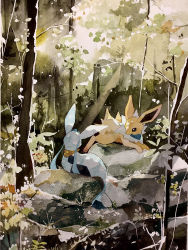 Rule 34 | absurdres, black eyes, closed mouth, commentary request, creatures (company), day, game freak, gen 1 pokemon, gen 4 pokemon, glaceon, highres, jolteon, kamonabe (kamonabeekon), light rays, lying, nintendo, no humans, on stomach, outdoors, painting (medium), pokemon, pokemon (creature), rock, smile, traditional media, tree, watercolor (medium)