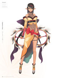 Rule 34 | 1girl, bare shoulders, beatrice irma, belt, belt bra, belt skirt, black hair, blue eyes, bow, breasts, bridal gauntlets, buckle, chakram, character name, cleavage, collar, collarbone, covered navel, dark-skinned female, dark skin, detached sleeves, dual wielding, elf, frills, full body, groin, halterneck, highleg, highleg leotard, highres, holding, holding weapon, japanese clothes, legs, leotard, light smile, long legs, long pointy ears, looking at viewer, multicolored hair, official art, outline, page number, pointy ears, red hair, ribbon, see-through, shining (series), shining resonance, shoes, short hair, smile, solo, standing, strapless, streaked hair, thigh strap, tony taka, tube top, turtleneck, two-tone hair, underbust, weapon