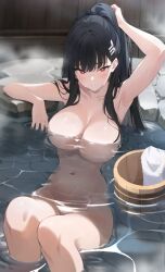 Rule 34 | 1girl, arm up, black hair, blue archive, breasts, censored nipples, completely nude, duplicate, highres, large breasts, long hair, nude, onsen, partially submerged, preview (preview0), red eyes, rio (blue archive), shiny skin, solo, towel, water, wet